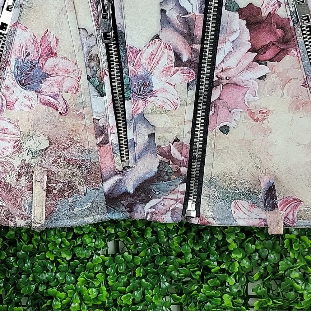ZARA Basic Outerwear Floral Faux Suede Zippered Moto Jacket Cream/ Pink SZ Small - Picture 14 of 15
